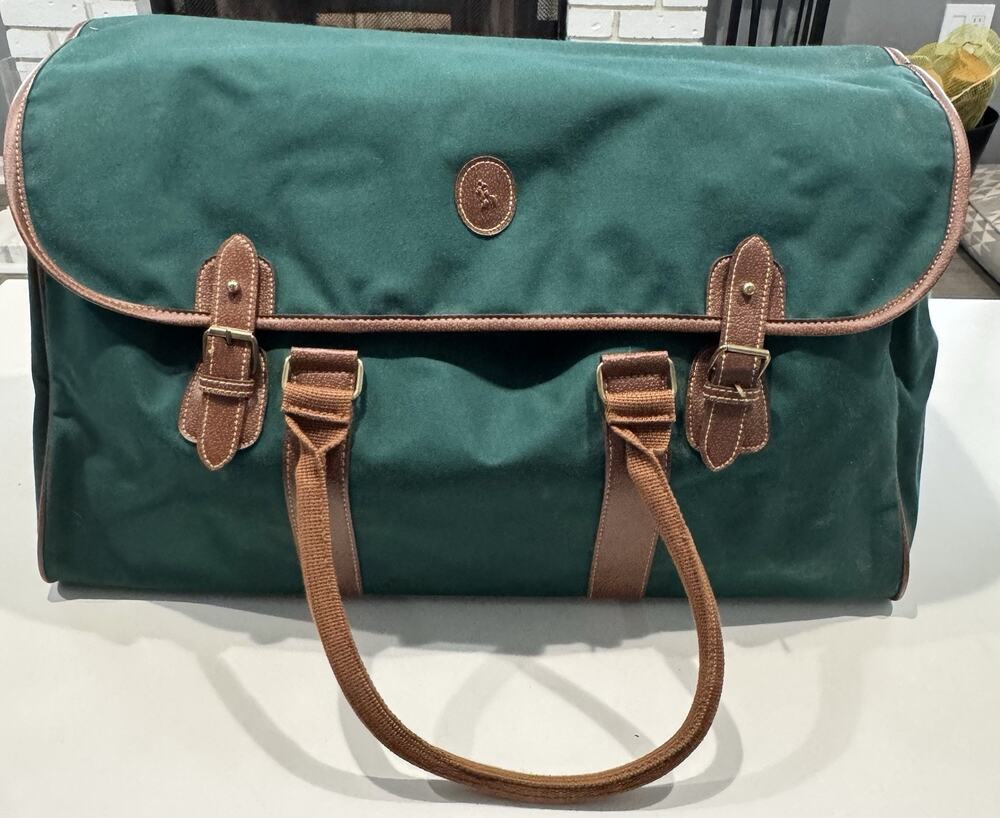 Vtg Polo Ralph Lauren Duffle Travel Bag Leather Green Luggage Canvas 25x10x15
